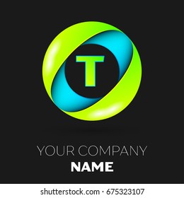 Realistic Letter T vector logo symbol in the colorful circle on black background. Vector template for your design