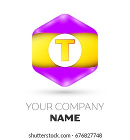 Realistic Letter T vector logo symbol in the colorful hexagonal on white background. Vector template for your design