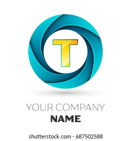 Realistic Letter T vector logo symbol in the colorful circle on white background. Vector template for your design