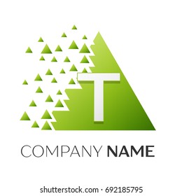 Realistic letter T vector logo symbol in the colorful triangle with shattered blocks on white background. Vector template for your design