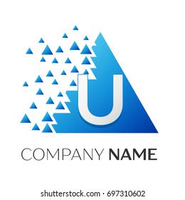 Realistic letter U vector logo symbol in the colorful triangle with shattered blocks on white background. Vector template for your design