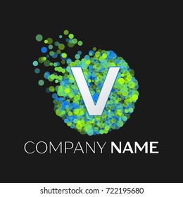 Realistic Letter V logo with blue, purple, pink particles and bubble dots in circle on black background. Vector template for your design
