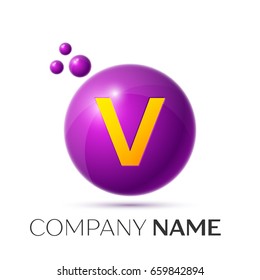 Realistic letter V splash logo. Purple dots and circle bubble letter design on grey background. Vector Illustration