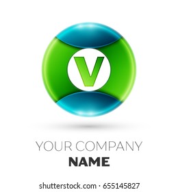 Realistic Letter V vector logo symbol in the colorful circle on white background. Vector template for your design