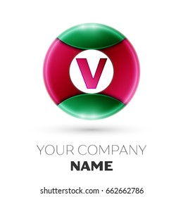 Realistic Letter V vector logo symbol in the colorful circle on white background. Vector template for your design