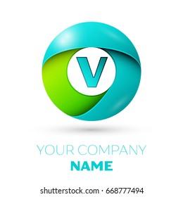 Realistic letter V vector logo symbol in the colorful circle on white background. Vector template for your design