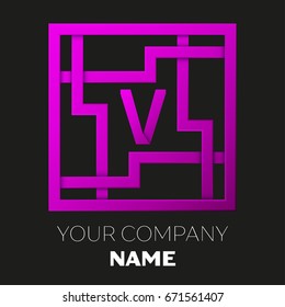 Realistic Letter V vector logo symbol in the colorful square maze on black background. Shadow Breaks. Vector template for your design
