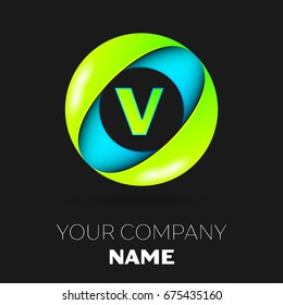 Realistic Letter V vector logo symbol in the colorful circle on black background. Vector template for your design