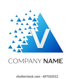 Realistic letter V vector logo symbol in the colorful triangle with shattered blocks on white background. Vector template for your design