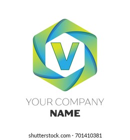 Realistic Letter V vector logo symbol in the colorful hexagonal on white background. Vector template for your design
