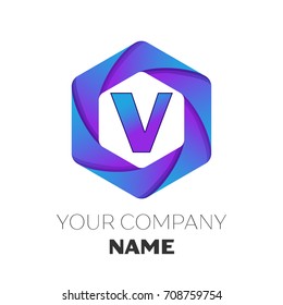 Realistic Letter V vector logo symbol in the colorful hexagonal on white background. Vector template for your design