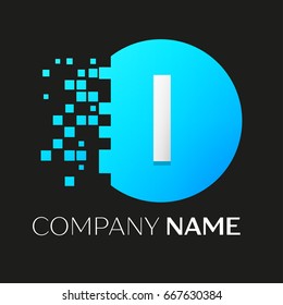 Realistic letter I vector logo symbol in the colorful circle with shattered blocks on black background. Pixel Motion. Vector template for your design