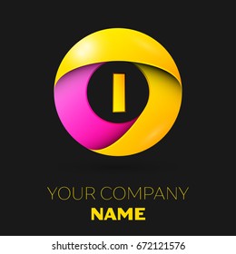 Realistic letter I vector logo symbol in the colorful circle on black background. Vector template for your design