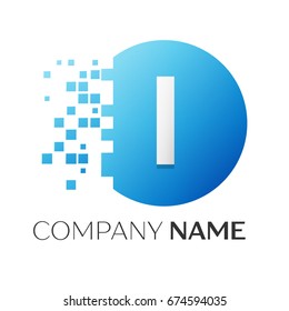 Realistic letter I vector logo symbol in the colorful circle with shattered blocks on white background. Vector template for your design
