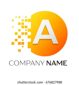 Realistic letter A vector logo symbol in the colorful circle with shattered blocks on white background. Pixel Motion. Vector template for your design
