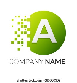Realistic letter A vector logo symbol in the colorful circle with shattered blocks on white background. Pixel Motion. Vector template for your design