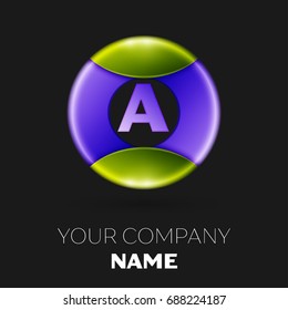 Realistic Letter A vector logo symbol in the colorful circle on black background. Vector template for your design