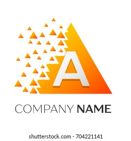 Realistic letter A vector logo symbol in the colorful triangle with shattered blocks on white background. Vector template for your design