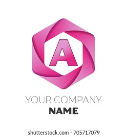 Realistic Letter A vector logo symbol in the colorful hexagonal on white background. Vector template for your design