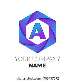 Realistic Letter A vector logo symbol in the colorful hexagonal on white background. Vector template for your design
