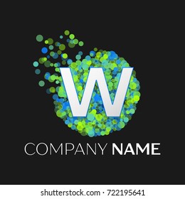 Realistic Letter W logo with blue, purple, pink particles and bubble dots in circle on black background. Vector template for your design