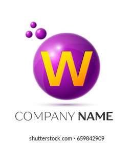 Realistic letter W splash logo. Purple dots and circle bubble letter design on grey background. Vector Illustration