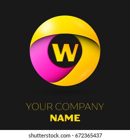 Realistic letter W vector logo symbol in the colorful circle on black background. Vector template for your design