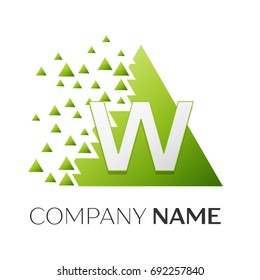 Realistic letter W vector logo symbol in the colorful triangle with shattered blocks on white background. Vector template for your design