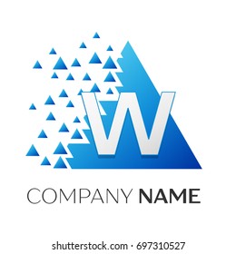 Realistic letter W vector logo symbol in the colorful triangle with shattered blocks on white background. Vector template for your design