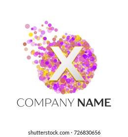 Realistic Letter X logo with red, purle, yellow particles and bubble dots in circle on white background. Vector template for your design