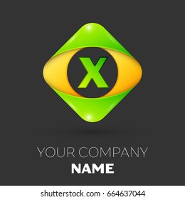 Realistic Letter X vector logo symbol in the colorful rhombus on black background. Vector template for your design