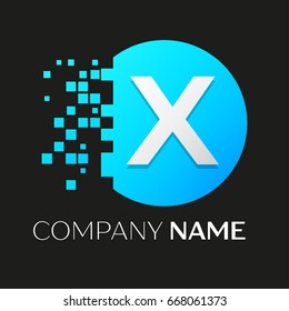 Realistic letter X vector logo symbol in the colorful circle with shattered blocks on black background. Pixel Motion. Vector template for your design