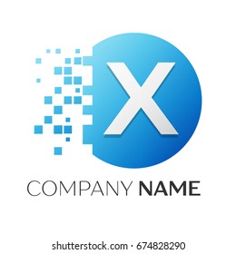 Realistic letter X vector logo symbol in the colorful circle with shattered blocks on white background. Vector template for your design