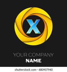 Realistic Letter X vector logo symbol in the colorful circle on black background. Vector template for your design