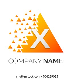 Realistic letter X vector logo symbol in the colorful triangle with shattered blocks on white background. Vector template for your design