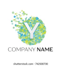 Realistic Letter Y logo with blue, yellow, green particles and bubble dots in circle on white background. Vector template for your design