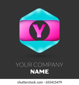 Realistic Letter Y vector logo symbol in the colorful hexagonal on black background. Vector template for your design