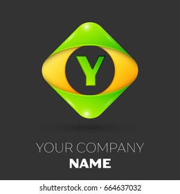Realistic Letter Y vector logo symbol in the colorful rhombus on black background. Vector template for your design