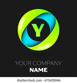 Realistic Letter Y vector logo symbol in the colorful circle on black background. Vector template for your design