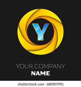 Realistic Letter Y vector logo symbol in the colorful circle on black background. Vector template for your design