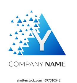 Realistic letter Y vector logo symbol in the colorful triangle with shattered blocks on white background. Vector template for your design