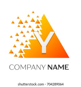 Realistic letter Y vector logo symbol in the colorful triangle with shattered blocks on white background. Vector template for your design