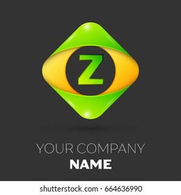 Realistic Letter Z vector logo symbol in the colorful rhombus on black background. Vector template for your design