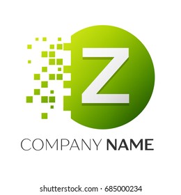 Realistic letter Z vector logo symbol in the colorful circle with shattered blocks on white background. Pixel Motion. Vector template for your design