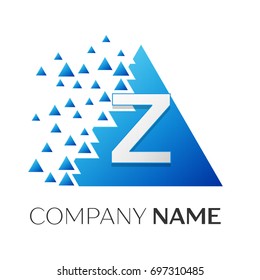 Realistic letter Z vector logo symbol in the colorful triangle with shattered blocks on white background. Vector template for your design