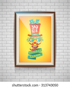 Realistic lettering retro poster in a wooden picture frame hanging on a textured white brick wall,  template for mockup, banner and artwork