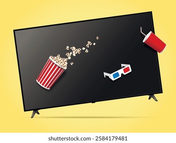 Realistic levitation in air TV set, popcorn, drink, 3d glasses, Concept of watching movies and series