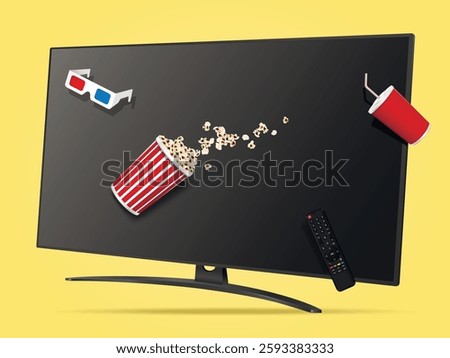 Realistic levitation smart TV, remote control, popcorn bucket, cola cup and 3d glasses