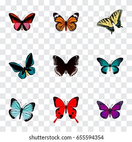 Realistic Lexias, Checkerspot, Monarch And Other Vector Elements. Set Of Beauty Realistic Symbols Also Includes Blue, Butterfly, Orange Objects.