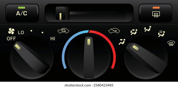 Realistic LHD car electronics climate control dial knob type for temperature setting fan speed control and mode control included slide mechanism air circulate switch without label illustration vector.